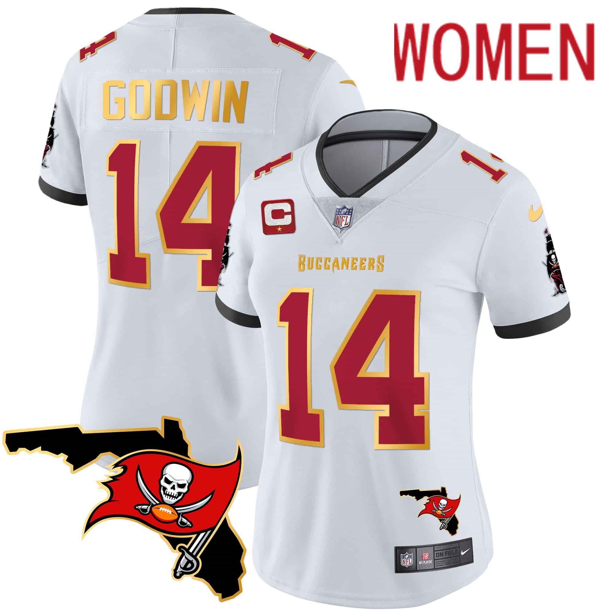 Women Tampa Bay Buccaneers 14 Godwin White 2024 Nike Florida Patch Gold Trim Vapor NFL Jersey
